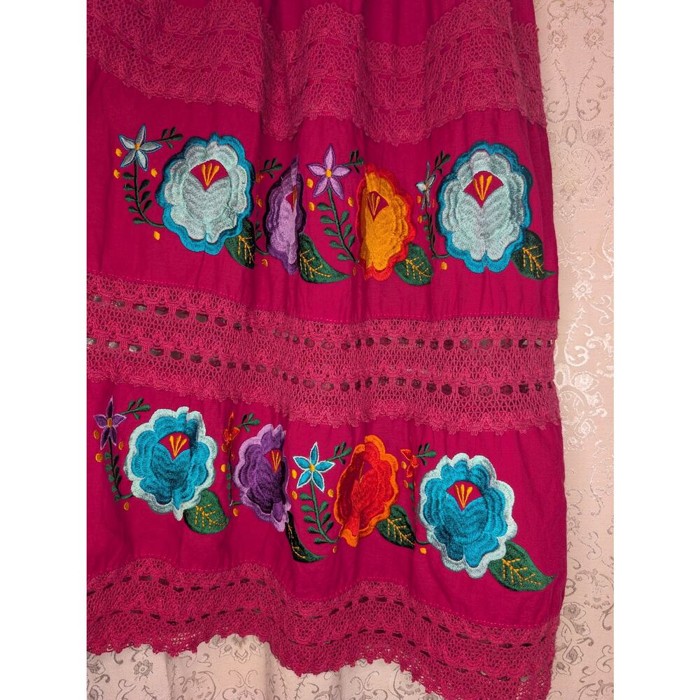 Mexican Embroidered Dress Pink Floral Off Shoulder Smocked Fiesta Midi SZ S/M - Picture 2 of 5